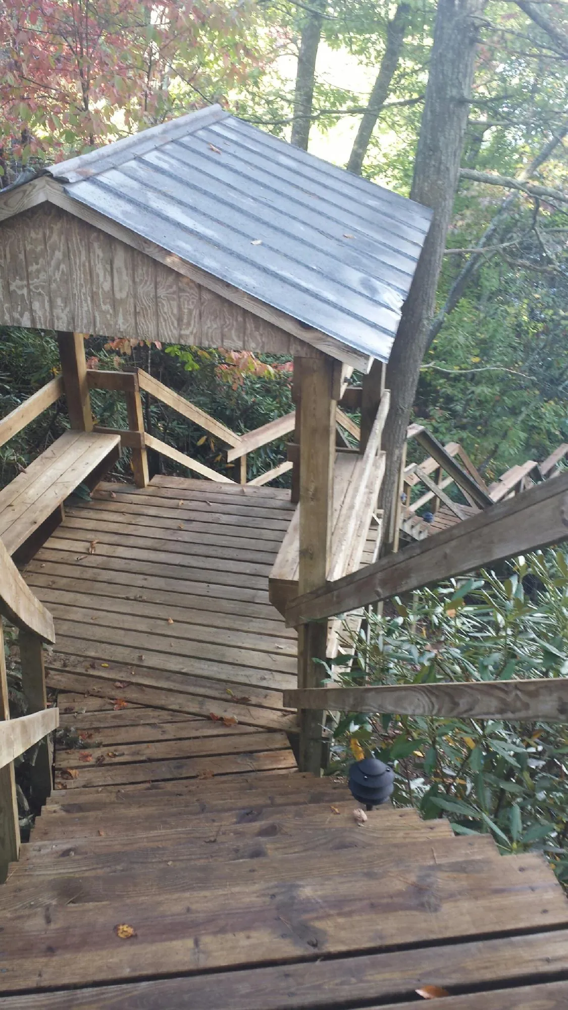 Metal roofed shelter over wooden steps on a wooded walkway — Skylight Repair & Installation work by our crew in Temple City